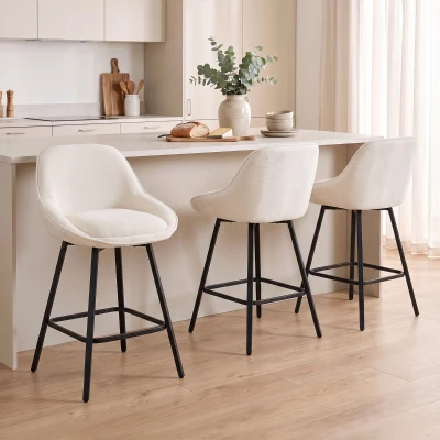 HOMCOM Modern Chenille Swivel Bar Stools Set of 3, Counter Height, Cream