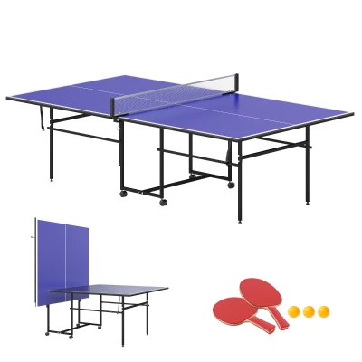 Soozier Full Size Table Tennis Table, Folding Ping Pong Table with Net, Paddles, Balls and Wheels, Blue