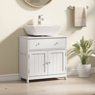 HOMCOM Modern Bathroom Vanity Cabinet, Freestanding Under Sink Storage with Drawer, U-Shaped Cutout for Pedestal Sink, White