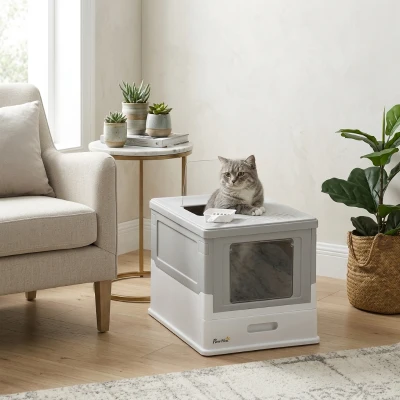 PawHut Enclosed Cat Litter Box, Front Entry, Gray
