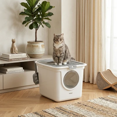PawHut Covered Cat Litter Box with Front Entrance & Scoop, White
