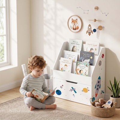 Qaba Montessori Kids Bookshelf with Moveable Drawer, 3-Tier Bookshelf for Kids Room, Nursery, Playroom, Ages 3-8 Years, White