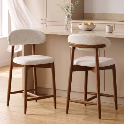 HOMCOM Bar Stools Mid-Century Curved Back Counter Height Stools Set of 2, Cream White