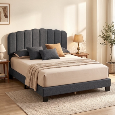 HOMCOM Queen Size Bed Frame with Adjustable Headboard, Linen-Feel Upholstered Platform Bed Frame with 12 Slat Support Dark Grey