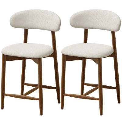 HOMCOM Bar Stools Mid-Century Curved Back Counter Height Stools Set of 2, Cream White