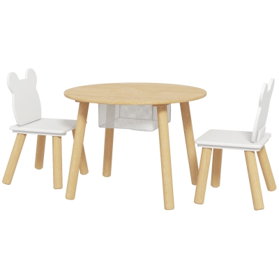 Qaba 3 Pieces Kids Table and Chair Set, Activity Table and Chair Set with Bear-Shaped Chairs, Mesh Bag