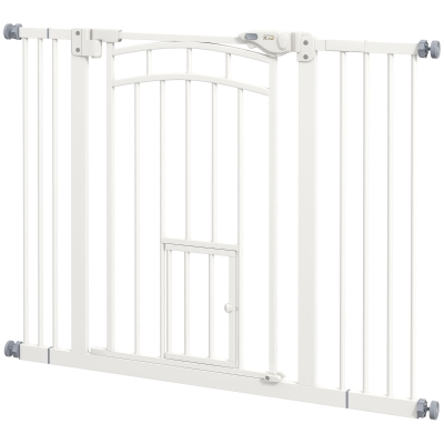 PawHut Auto-Close Pet Gate, Stair Gate with Cat Door, Double Locking for Doorways Hallways Stairs, Fits 29"-39.4" Wide, White