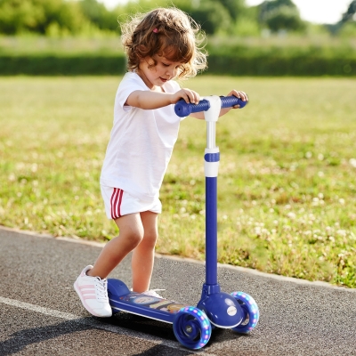 Qaba 3 Wheel Kids Scooter, Toddler Kick Scooter with Adjustable Height, Rear-Fender Brake, LED Light, TPE Handlebar, Blue
