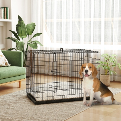PawHut 42" Dog Crate with 2 Doors, Folding Metal Dog Cage with Soft Cushion, Removable Tray, Handle, for Small Dogs, Black