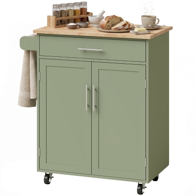 HOMCOM Kitchen Island Cart, Wood Top, Storage Cabinet, Green