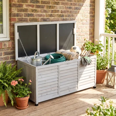 Outsunny 75 Gallon Wooden Storage Box patio Deck Box Bench, Garden Backyard Outdoor Storage Container with Aerating Gap & Weather-Fighting Finish, Grey