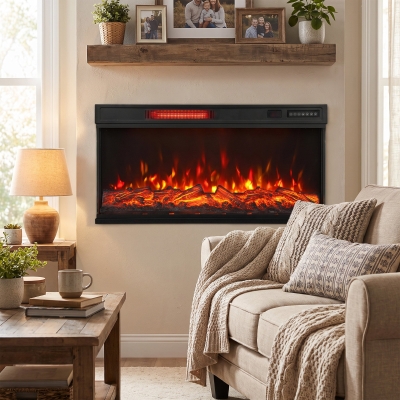 HOMCOM 36" Electric Fireplace Insert, Wall Recessed, Freestanding 1500W 3-Sided Linear Fireplace Heater with Adjustable Flame