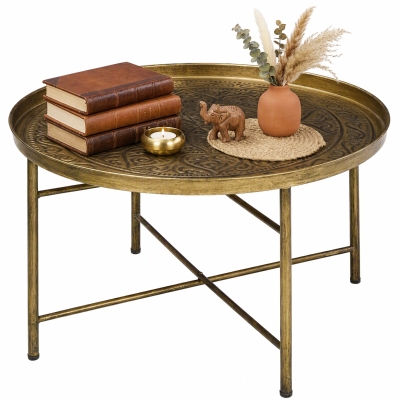 HOMCOM 24" Round Coffee Table with Hammered Top, Gold