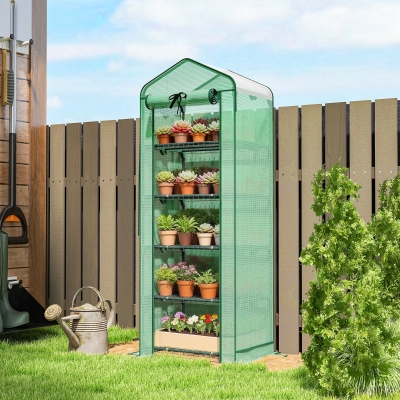 Outsunny Mini Greenhouse with Screen Roof, Portable Small Greenhouse with Roll-Up Zipper Door, 27.6" x 19.7" x 75.6", Green