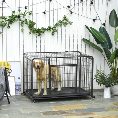 PawHut Folding Dog Crate Heavy Duty Cage for Extra Large Sized Dogs with Double Doors, Lockable Wheels Tray, 49" x 30" x 32"