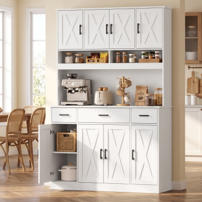 HOMCOM 73" Pantry Cabinet with Charging Station, Tall Kitchen Hutch with Microwave Stand, Kitchen Pantry Storage Cabinet, White
