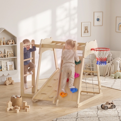 Qaba 7-in-1 Kids Montessori Jungle Gym with Reversible Slide, Basketball Hoop, Monkey Bars, Rock Wall, Climbing Net & Ladder