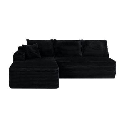 Luxurious Corduroy Sectional Sofa with L-Shaped Chaise and Cup Holder, 96'' L x 66" W x 33" H, Black