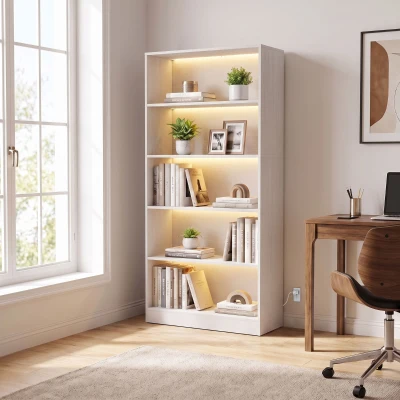 HOMCOM 5-Tier Bookshelf with LED Lights, White Wood Grain, Living Room