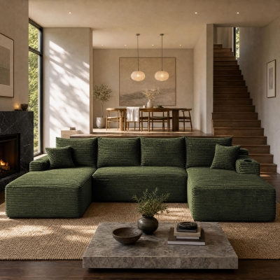 Snug Corduroy Sectional Sofa with U-Shaped Chaise and Side Pockets, 134'' L x 66" W x 26" H, Green