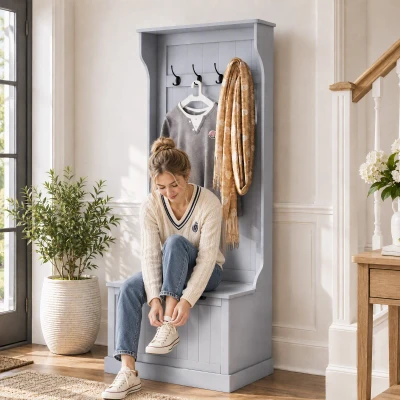 HOMCOM Hall Tree with Coat Rack, Storage Bench, and Hooks, Gray