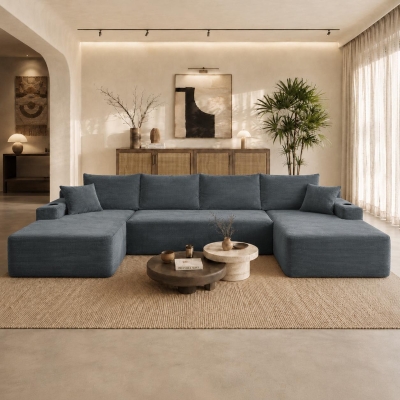 Grand Corduroy Sectional Sofa with U-Shaped Double Chaise and Pockets, 126'' L x 66" W x 26" H, Grey