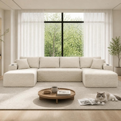 Tender Fabric Sectional Sofa with U-Shaped Chaise and Side Pockets, 126'' L x 66" W x 26" H, Beige