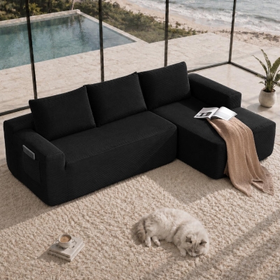 Tactile Corduroy Sofa with L-Shaped Chaise and Side Pockets, 104'' L x 67" W x 32.5" H, Black Right