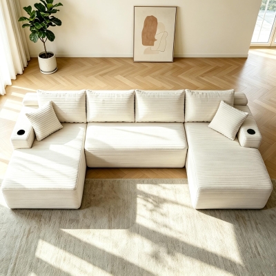Chic Cloud Sectional with U-Shape Chaise and Cup Holder, 126'' L x 66" W x 26" H, Beige