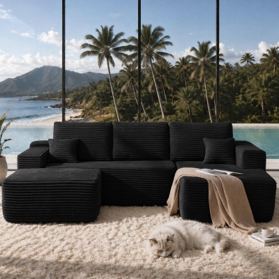 Ethereal Fabric Sofa with U-Shaped Chaise and Side Pockets, 104'' L x 67" W x 32.5" H, Black Right