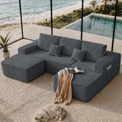 Billowy Fabric Sofa with U-Shaped Chaise and Side Pockets, 104'' L x 67" W x 32.5" H, Grey Right