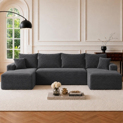 Modern Cloud Sectional with U-Shape Chaise and Side Pockets, 133.5'' L x 66" W x 26" H, Grey