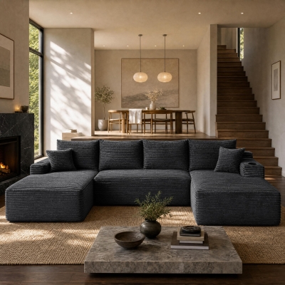 Comfy Corduroy Sectional Sofa with U-Shaped Chaise and Side Pockets, 133'' L x 66" W x 26" H, Grey