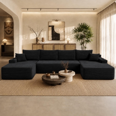 Ample Corduroy Sofa with U-Shaped Double Chaise and Pockets, 126'' L x 66" W x 26" H, Black