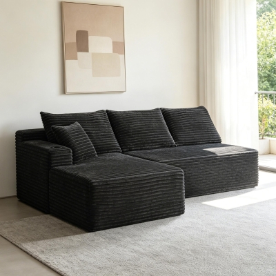 Modern Cloud Sectional with L-Shape Chaise and Cup Holder, 96'' L x 66" W x 33" H, Grey