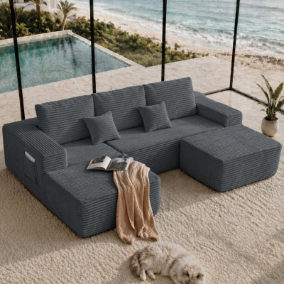 Lush Fabric Sofa with U-Shaped Chaise and Side Pockets, 104'' L x 67" W x 32.5" H, Grey Lef