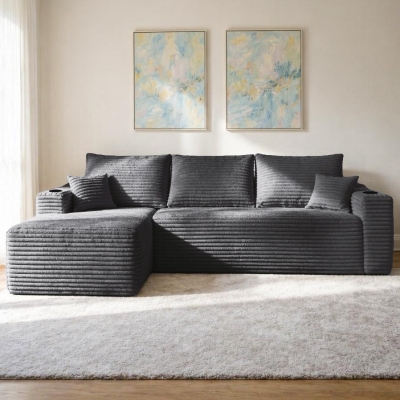 Velvet Fabric Sofa with L-Shaped Chaise and Side Pockets, 108'' L x 63" W x 23" H, Grey Left