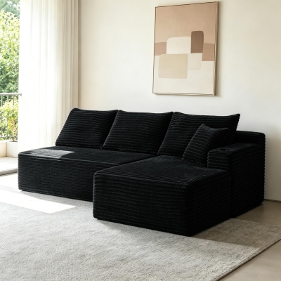 Versatile Corduroy Sectional Sofa with L-Shaped Chaise and Deep Seat, 96'' L x 66" W x 33" H, Black