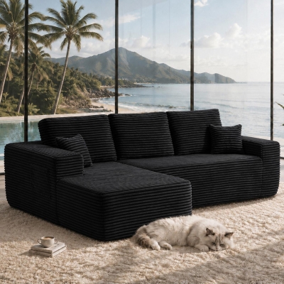 Airy Fabric Sofa with L-Shaped Chaise and Side Pockets, 104'' L x 67" W x 32.5" H, Black Left