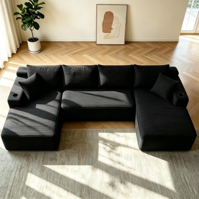 Modern Cloud Sectional with U-Shape Chaise and Cup Holder, 133.5'' L x 66" W x 26" H, Black