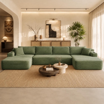 Modern Sectional with U-Shape Chaise and Cup Holder, 126'' L x 66" W x 26" H, Green