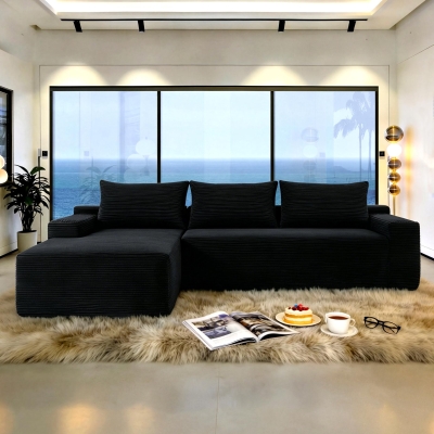 Plush Corduroy Sectional Sofa with L-Shaped Chaise and Deep Seat, 97'' L x 60" W x 31" H, Black