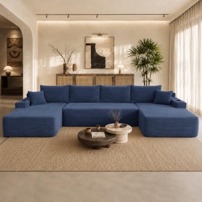 Vibrant Corduroy Sofa with U-Shaped Double Chaise and Side Pockets, 126'' L x 66" W x 26" H, Blue