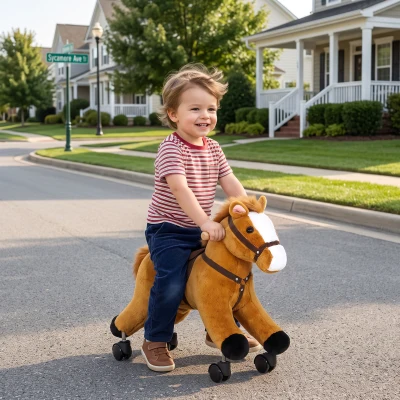 Qaba Plush Ride-On Horse Toy with Wheels for Toddlers 18-36M, Brown