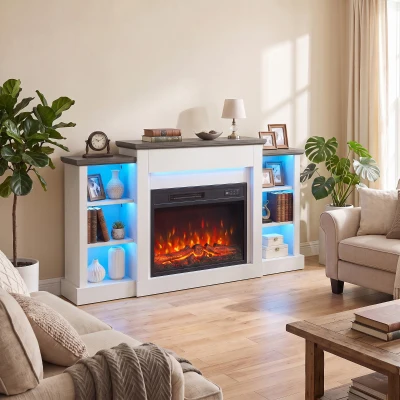HOMCOM 55" Fireplace TV Stand, RGB LED, 6 Shelves, White Wood Grain