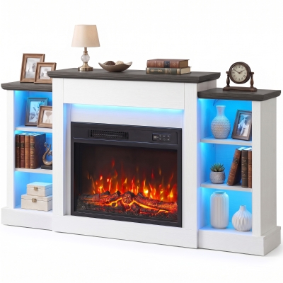 HOMCOM 55" Fireplace TV Stand, RGB LED, 6 Shelves, White Wood Grain