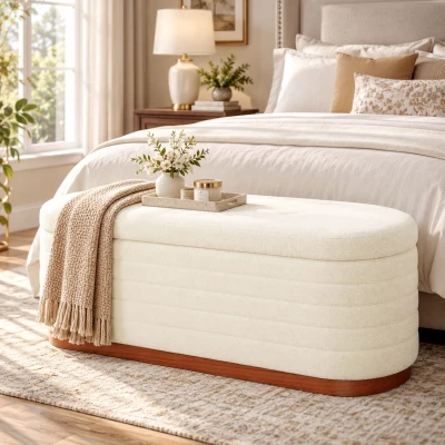 HOMCOM Oval Storage Ottoman Bench Chenille Upholstered, Cream White