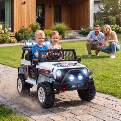 Qaba 12V 2-Seater Ride on Truck Car with Dual Motors, Remote, Soft Start, 4-Wheel Suspension, Lights, Music, USB, Horn, White