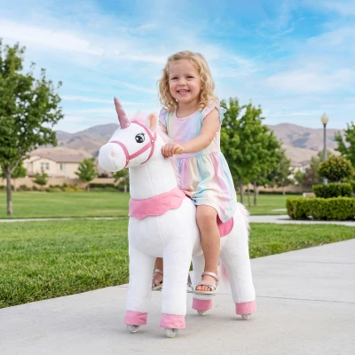 Qaba 37.8" Ride-On Unicorn Rocking Horse with Wheels, White