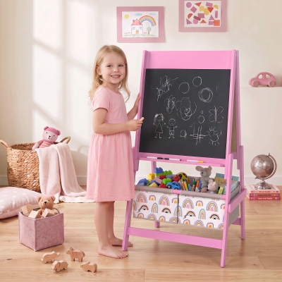 Qaba Art Easel for Kids, 3-in-1 Double-Sided Kids Easel with Chalkboard, Whiteboard, Paper Roll, 2 Storage Bins for 3-8, Pink